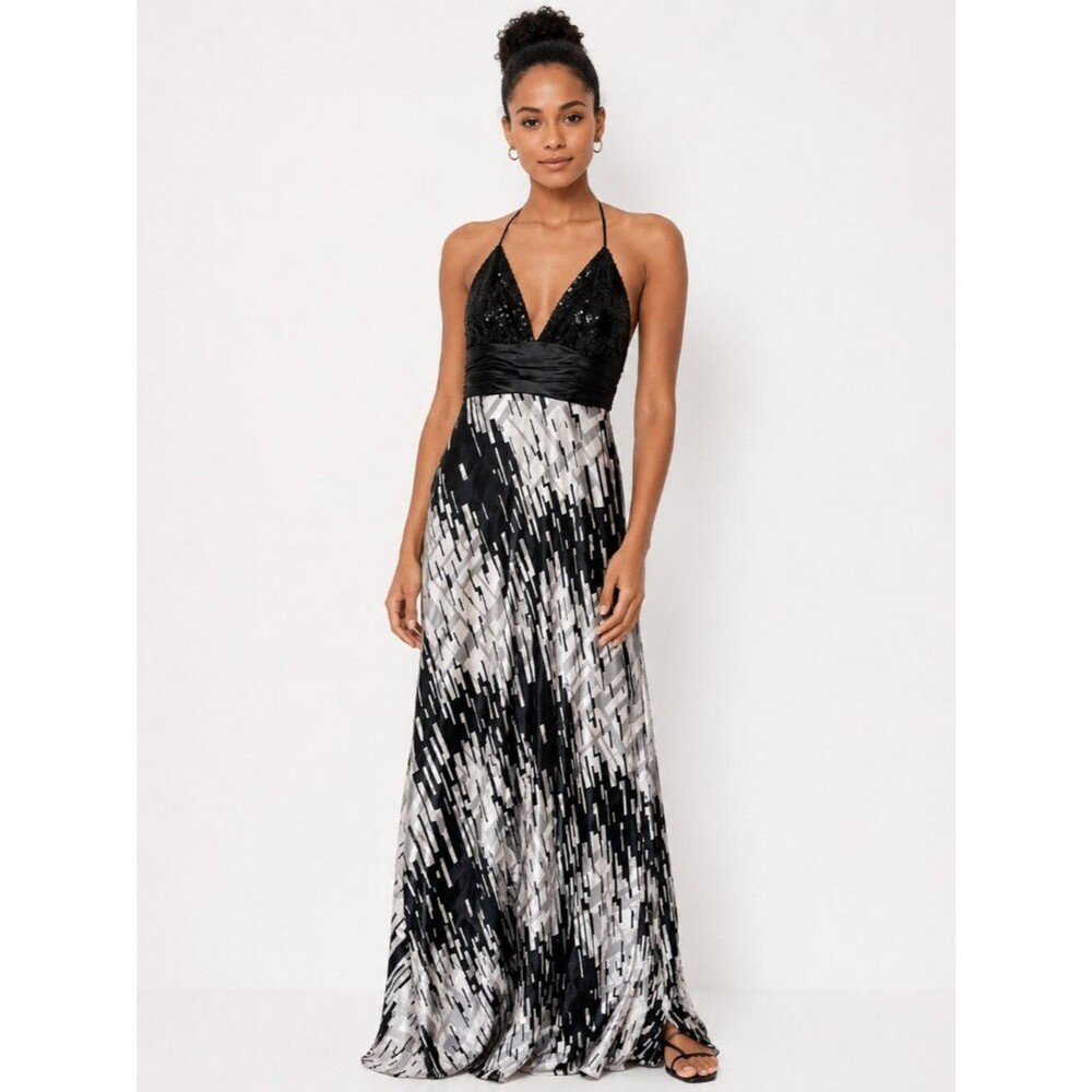 Shimmer by Bari Jay Silk Blend Sequin Halter Gown Black White Size 2